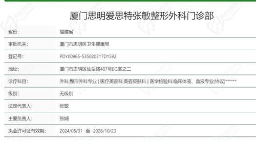 廈門思明愛思特張敏整形外科門診部基本資質(zhì)信息